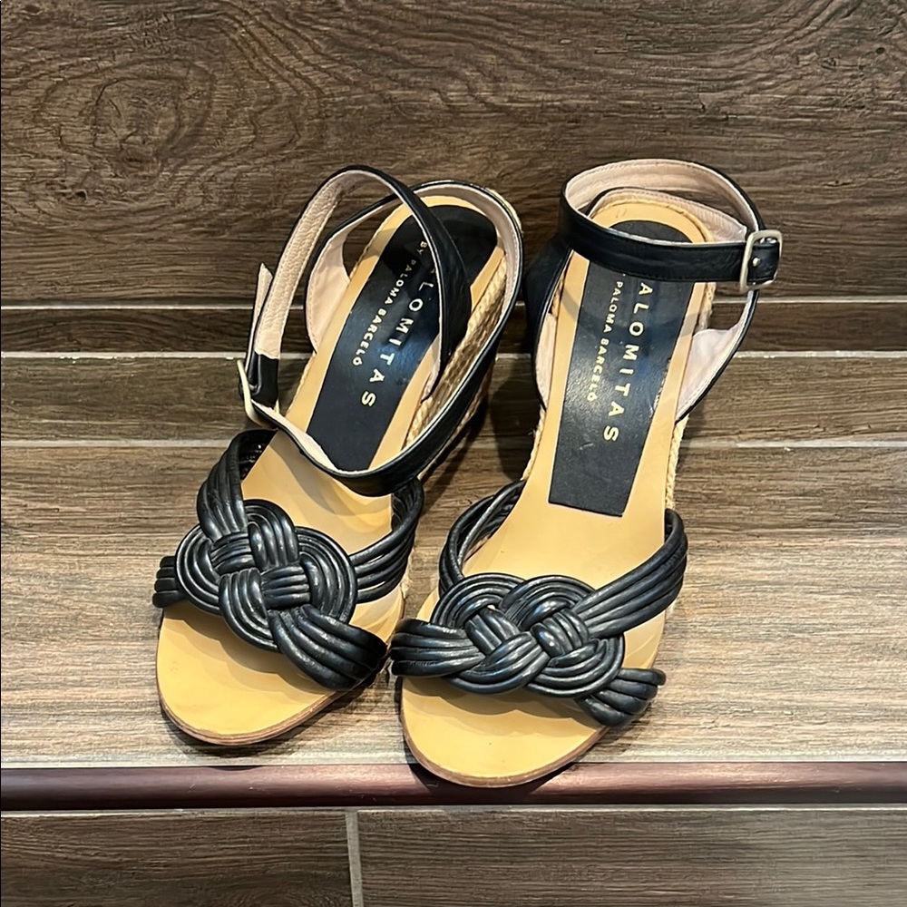 Palomitas Brand Leather Black Wedge Espadrilles with Ankle Strap